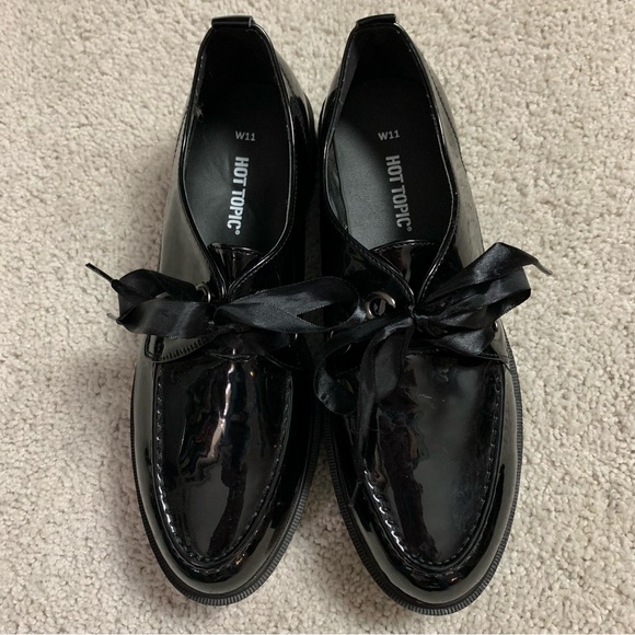 NEW! Women's HOT TOPIC Shiny BLACK Chunky PLATFORM Oxfords CREEPERS Shoes - Picture 5 of 6